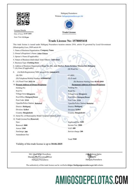 Licença comercial de Bangladesh Habiganj para download, modelo Word e PDF